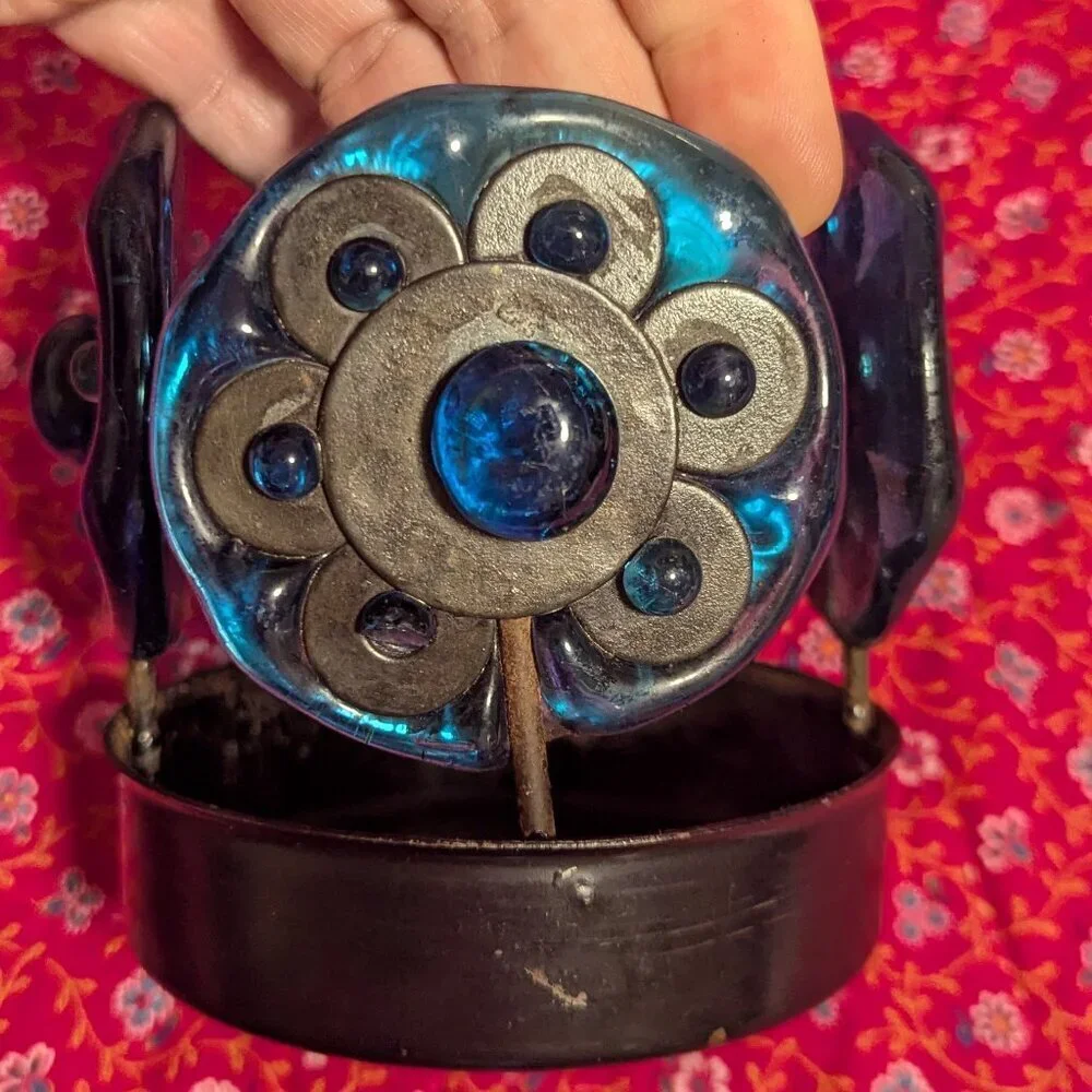 MCM Votive Candle Glass Metal Vintage Floral Holder‎ Hippie Groovy Boho Blue